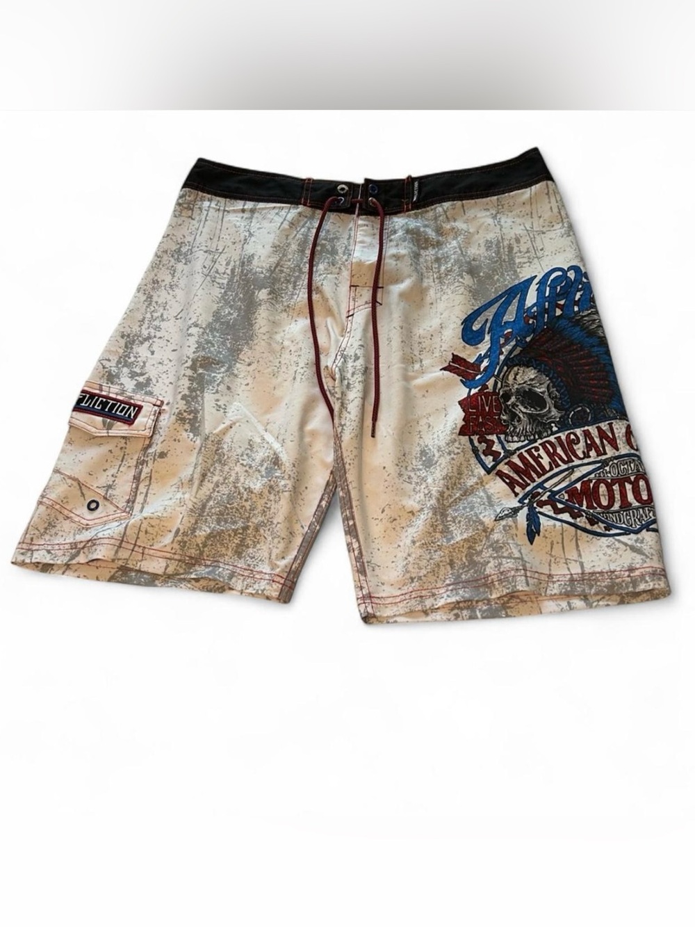 Affliction white & gray swim board shorts with skull and feathers graphic